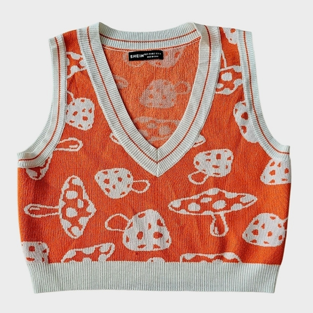 Cropped Stretch Layering Orange White Mushroom Sweater Vest Shein Large Boho